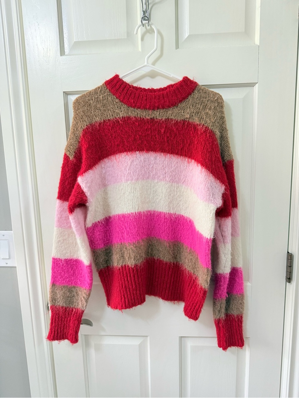 a new day | Multicolor Striped Crewneck Sweater in Red, Pink, Cream, and Brown
